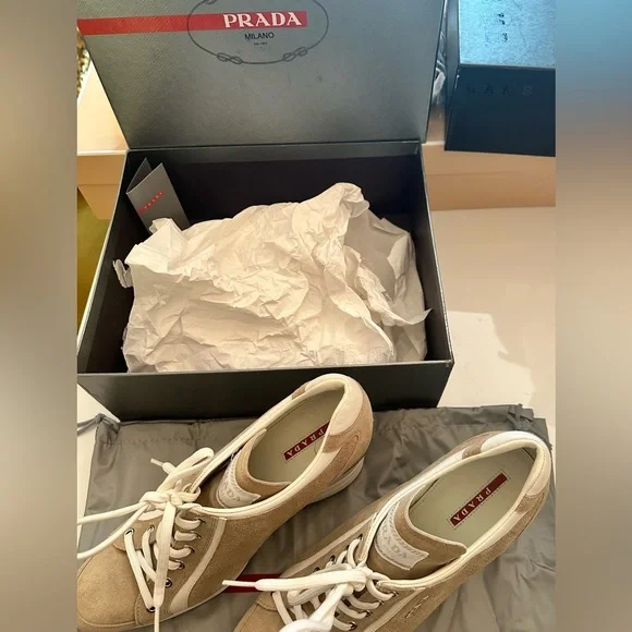 Prada Women's Beige and White Sneakers - Picture 2 of 2